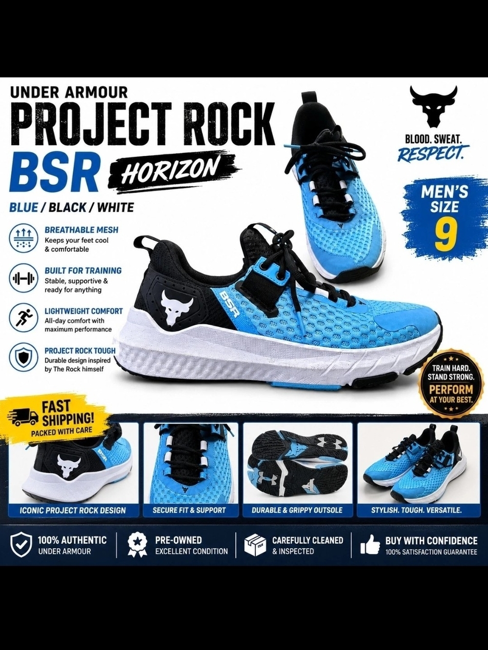 Size 9 - Under Armour Project Rock BSR Horizon Blue Black W